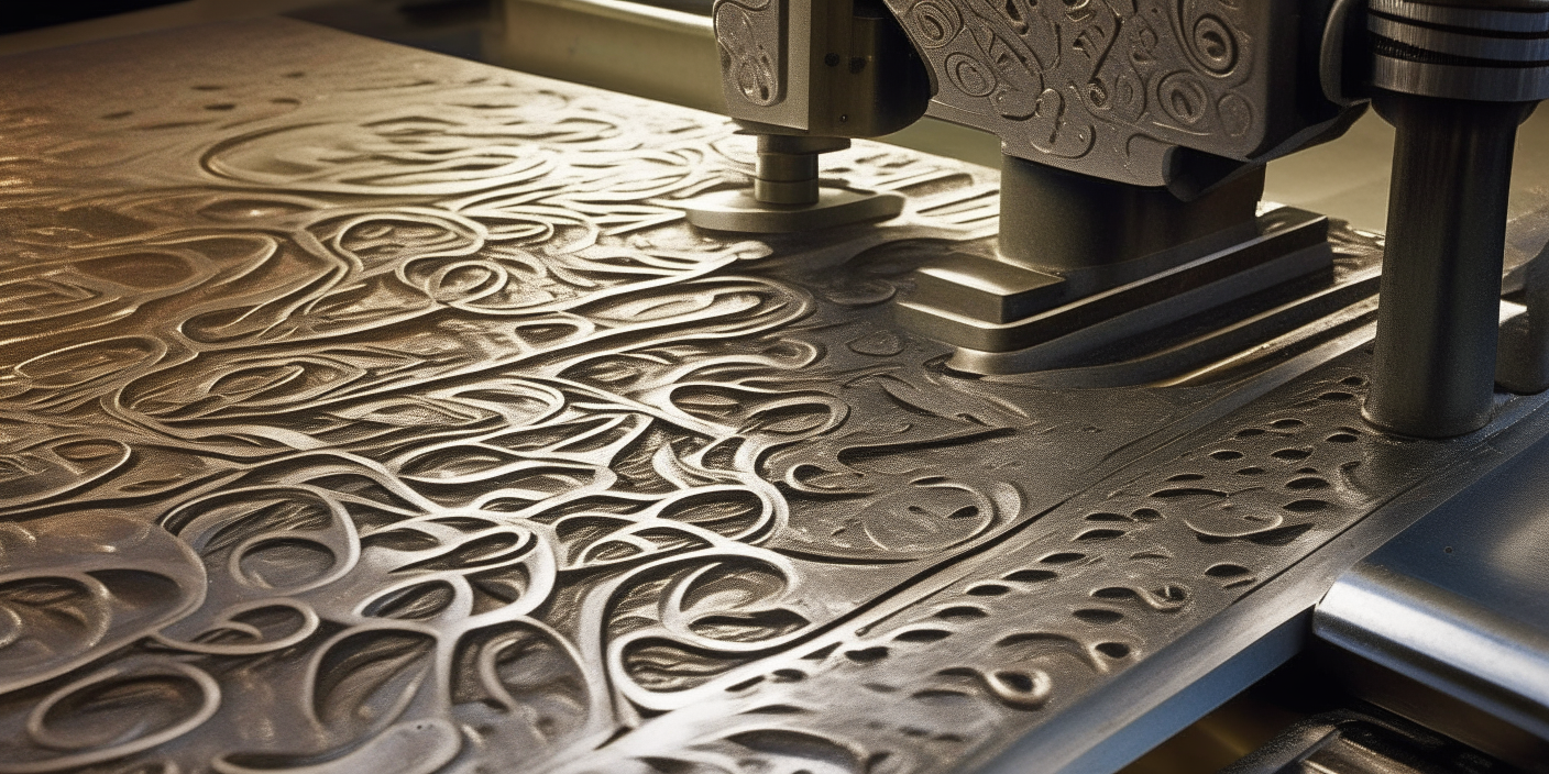 A drilling machine has cut ornate designs into metal sheets, revealing fine striations