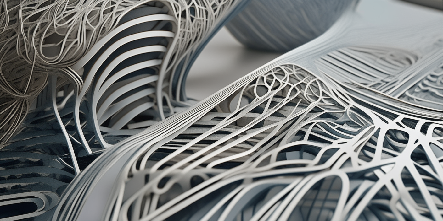 Microscopic view of precision-cut lines and curves interweaving to form an elaborate industrial design