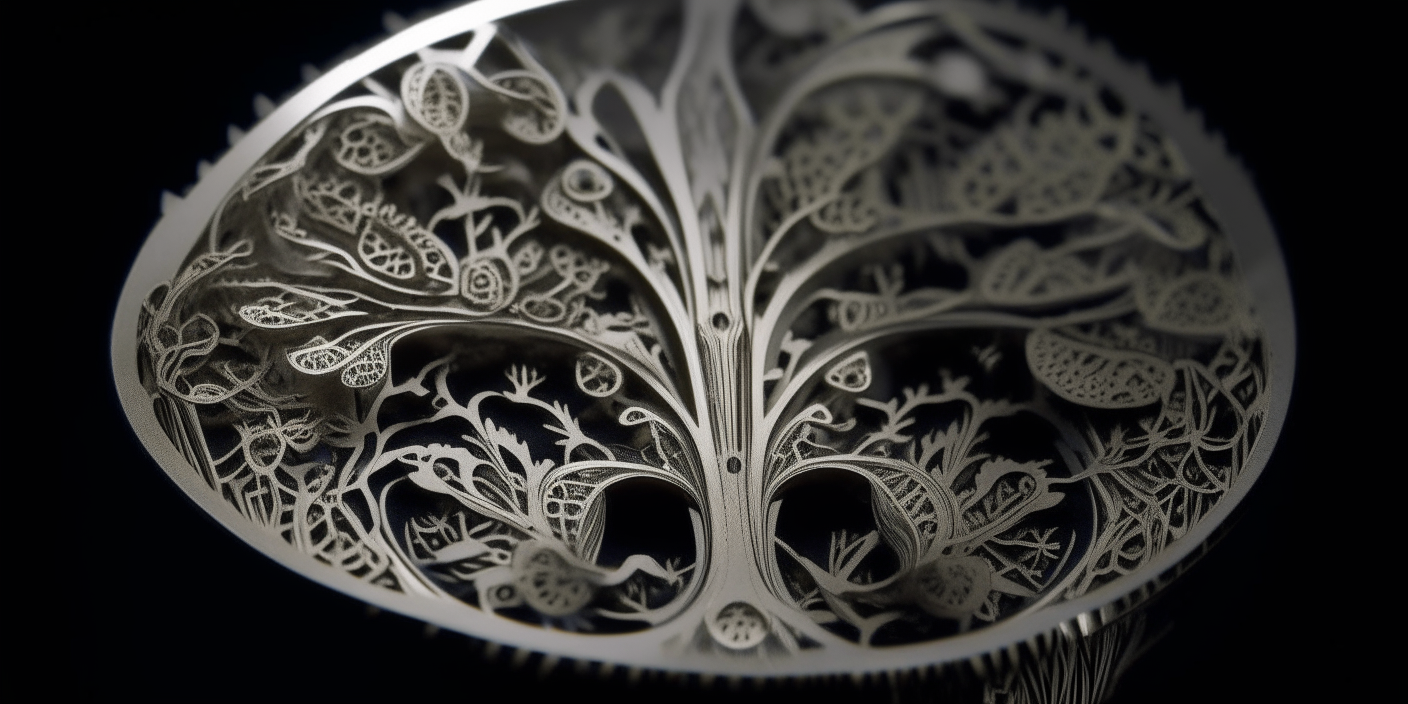 Intricate micro-cuts combine to create an ornate shape, seen through a high-powered lens