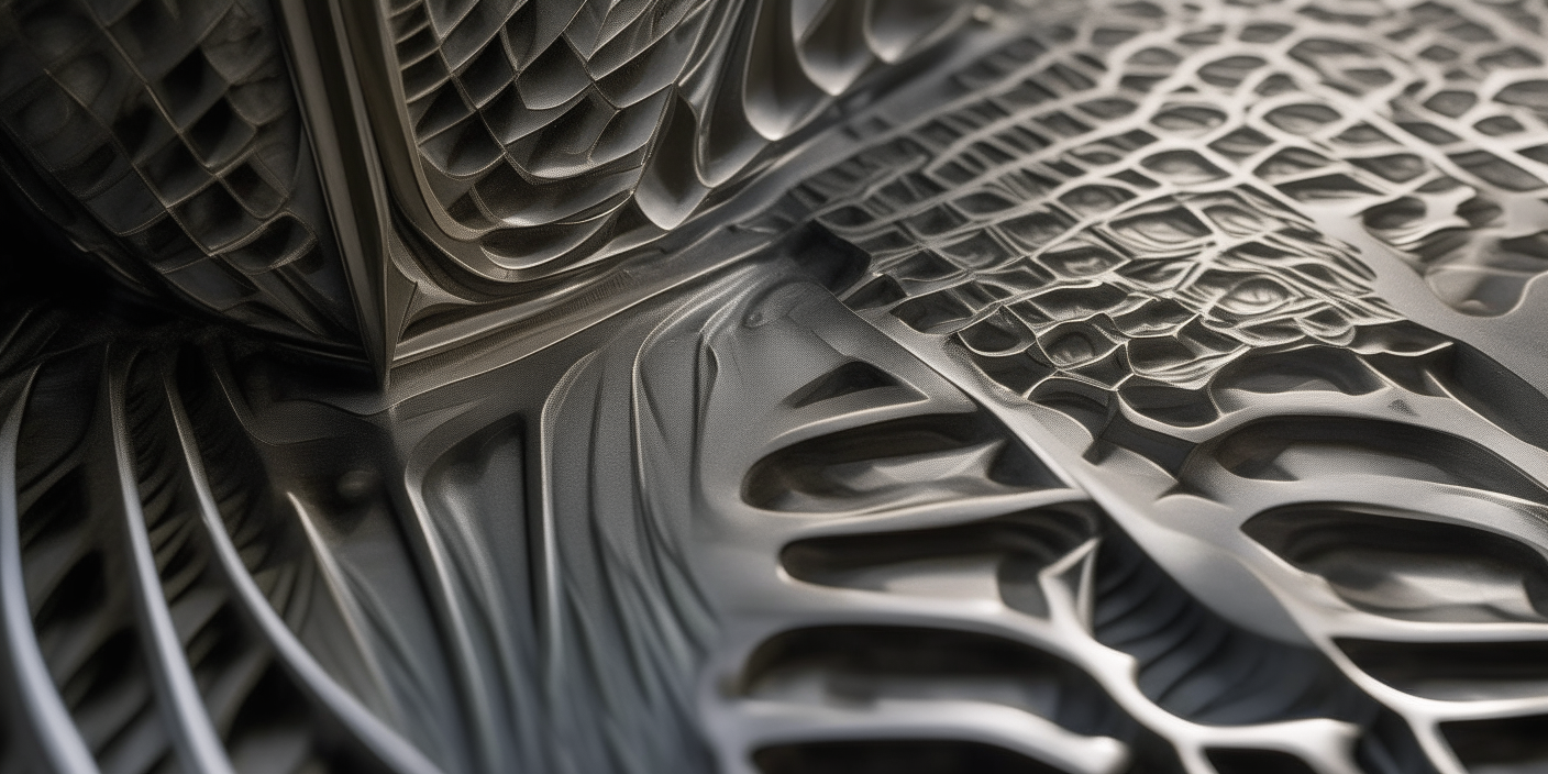 Under high magnification, striations in metal reveal the fine control of water sculpting a complex geometric pattern