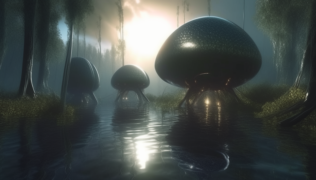 strange alien pods emerging from the reflective liquid in the swamp, on the strange new alien world, sunbeams through the mysterious atmosphere, cosmic sky above,dark sci-fi fantasy style, highest level of intricate details, photo realistic, 4K quality, 16.9 aspect ratio