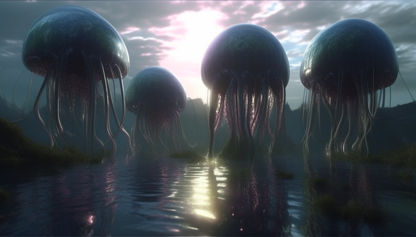 alien pods with waving tentacles and dripping slime emerging from the reflective liquids of the new alien world swamp, with cosmic sky above, and sunbeams through the strange atmosphere, 16.9 aspect ratio, highest level of intricate details, photo realistic, 4K quality, dark sci-fi fantasy style