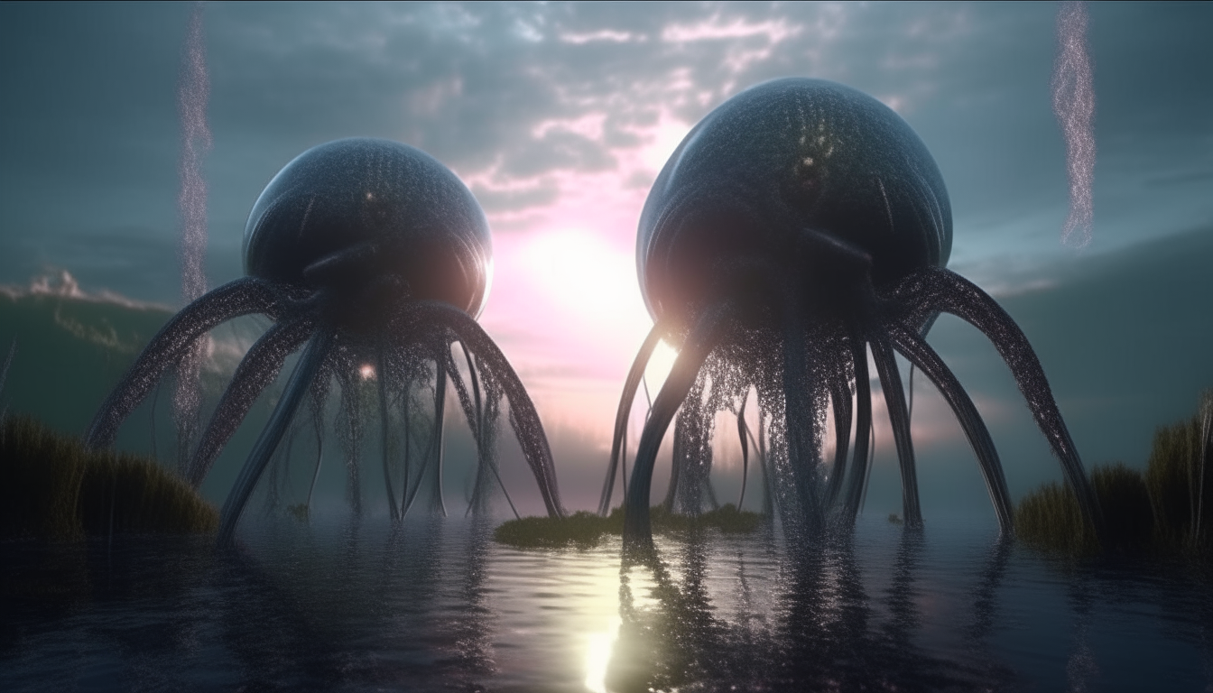 alien pods with waving tentacles and long tripod legs walking through the reflective liquids of the new alien world swamp, with cosmic sky above, and sunbeams through the strange atmosphere, 16.9 aspect ratio, highest level of intricate details, photo realistic, 4K quality, dark sci-fi fantasy style