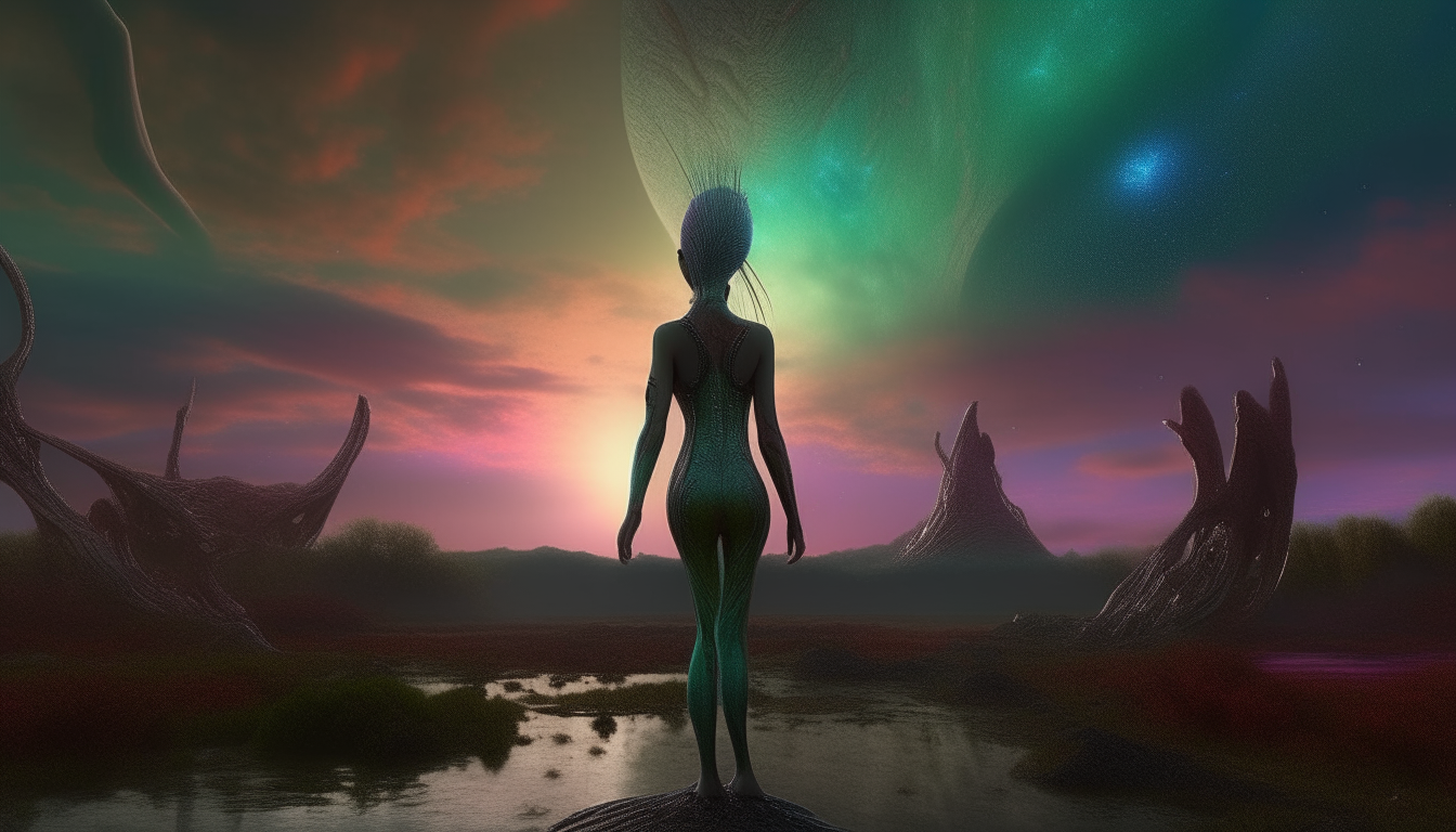 alien goddess standing looking the strange new alien world swamp lands stretching into the distance with the vast colourful cosmic dust clouds swirling in the universe, comets streaking across the sky, highest level of intricate realistic details, 4K quality, dark sci-fi fantasy style