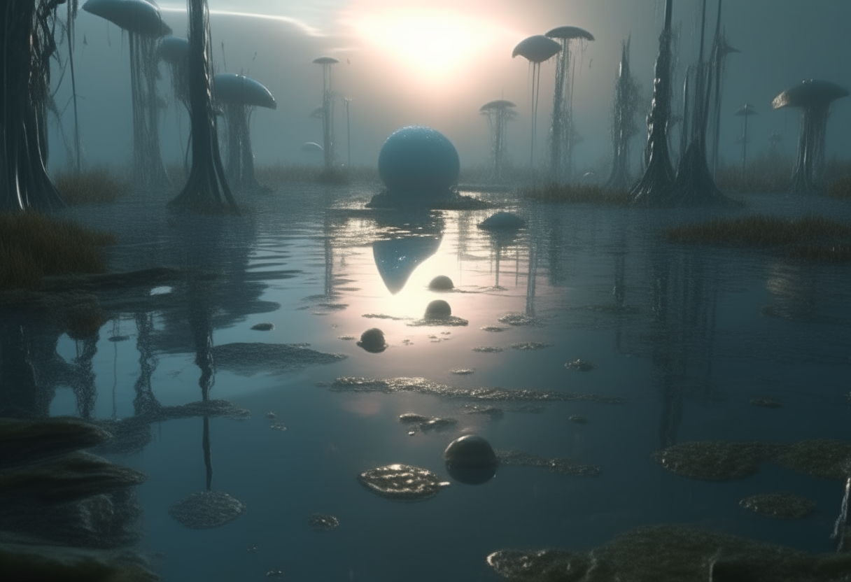 the surface of the strange new alien world, reflective liquids of the atmospheric swamp lands where alien spheres rise from the waters and silverchrome dragon flies hover above the waters surface, hyper realistic cinematic style, highest level of intricate details, 4K quality