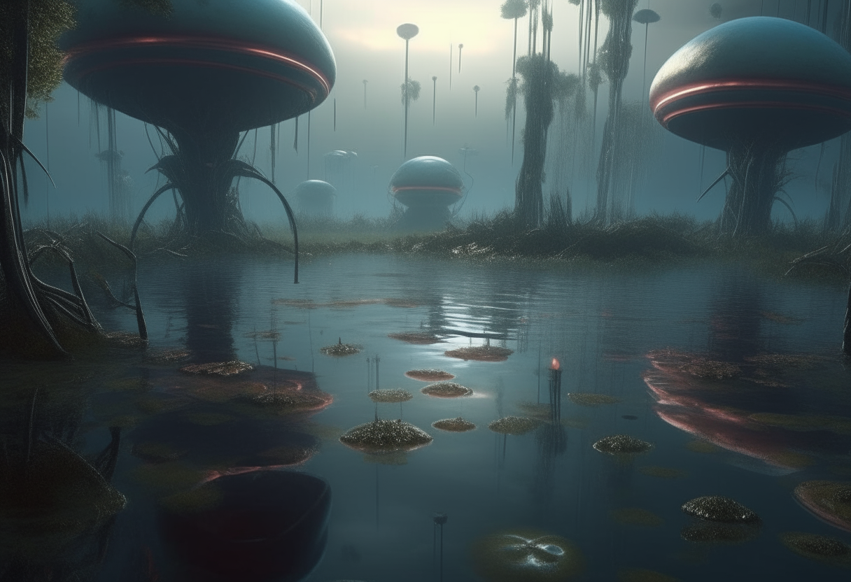 the surface of the strange new alien world, reflective liquids of the atmospheric swamp lands where alien spheres rise from the waters and silverchrome dragon flies hover above the waters surface, hyper realistic cinematic style, highest level of intricate details