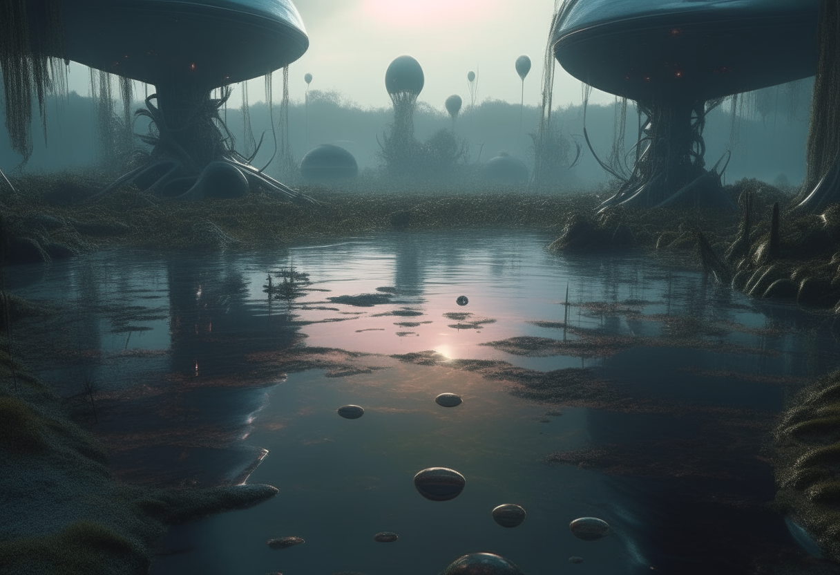 the surface of the strange new alien world, reflective liquids of the atmospheric swamp lands where alien spheres rise from the waters and silverchrome dragon flies hover above the waters surface, hyper realistic cinematic style, highest level of intricate details