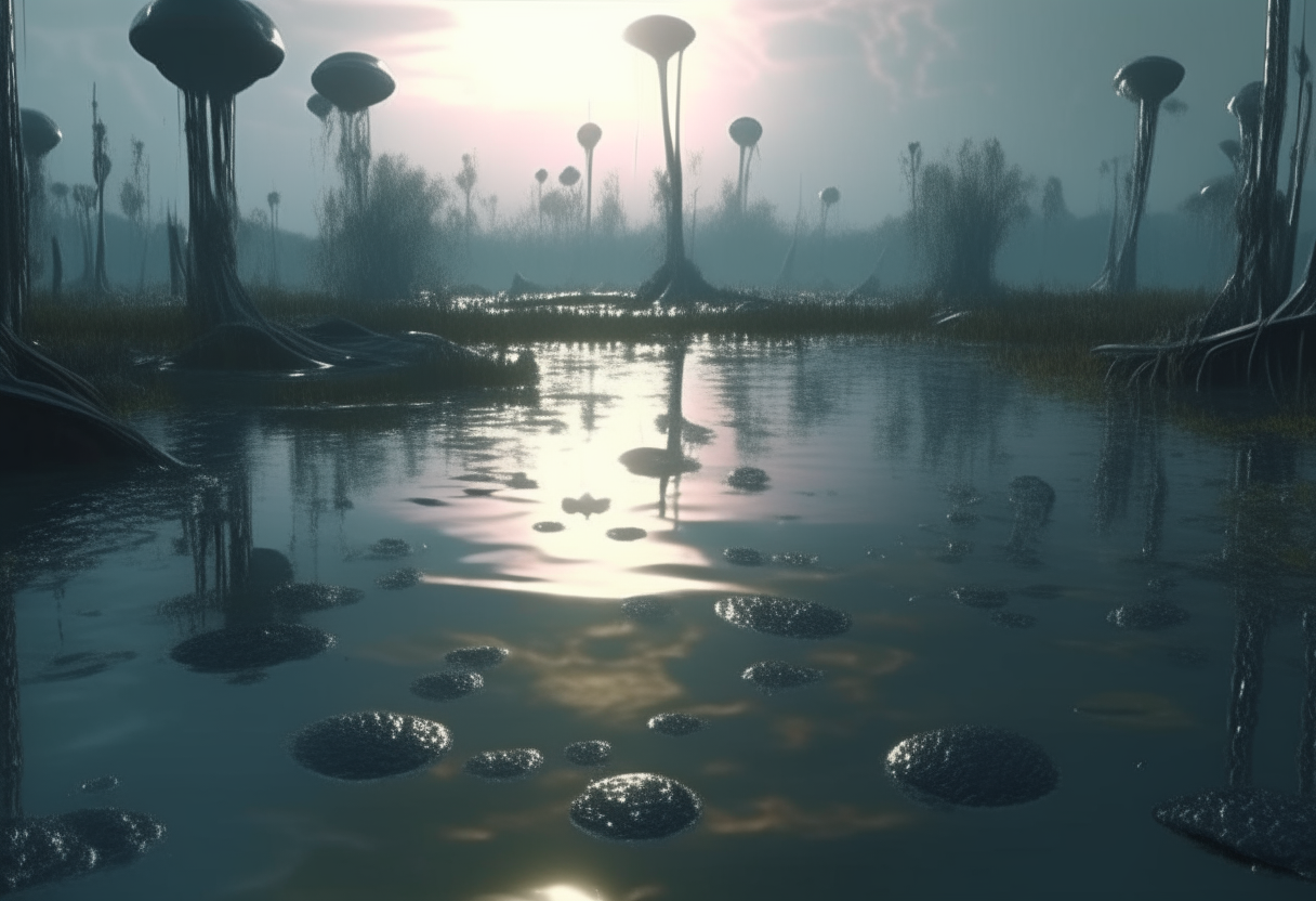 the surface of the strange new alien world, reflective liquids of the atmospheric swamp lands where alien spheres rise from the waters and silverchrome dragon flies hover above the waters surface, 16:9 aspect ratio, hyper realistic cinematic style, highest level of intricate details, 4K quality