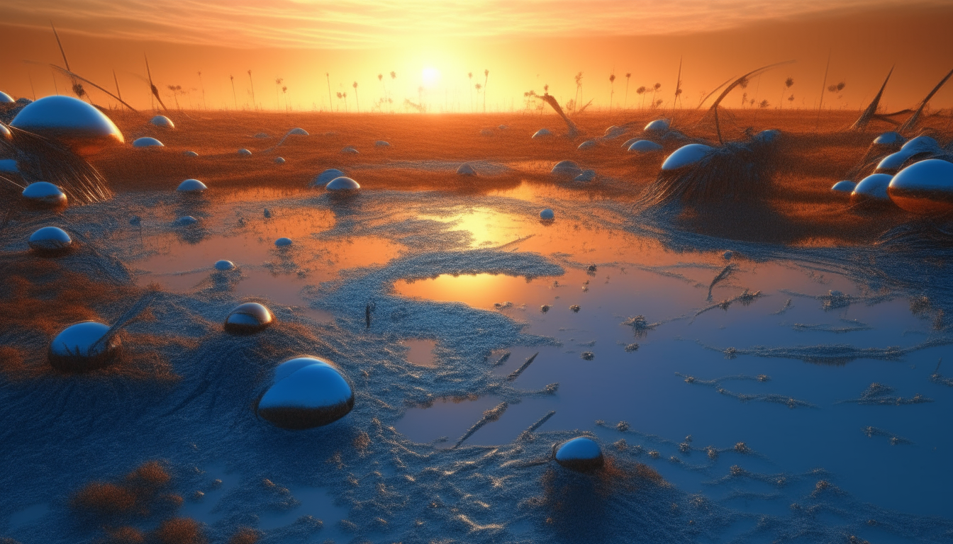 Aerial view of an alien swamp land with reflective silver and blue liquids under an orange sky. Strange metallic spheres rise from the waters. Silver and blue dragonflies with intricate details hover above the surface. Cinematic lighting, hyperrealistic style, extremely high level of details, 4K resolution.