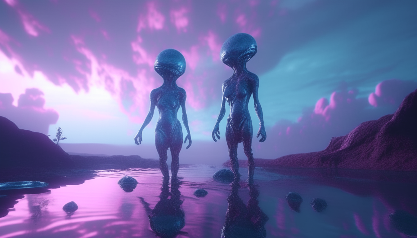 Two blue-skinned alien goddesses with glowing eyes standing on hovering holographic disks above reflective silver liquid swamp waters on an alien planet. Swirling cosmic dust clouds glow pink and blue in the sky above them. Extremely detailed, cinematic lighting, 4k resolution