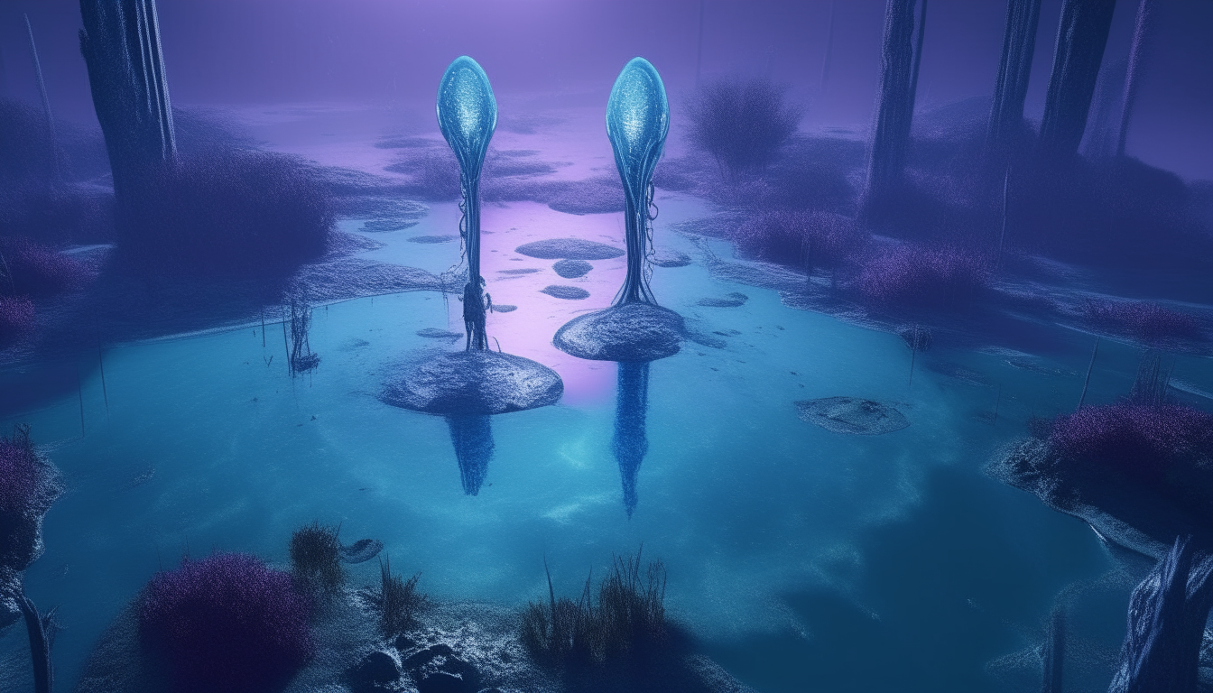 Aerial view of silver reflective swamp waters on an alien planet, with blue and purple gaseous pods rising from the surface. Two alien goddesses stand knee-deep in the water, covered in glowing particles. Very detailed, cinematic style.