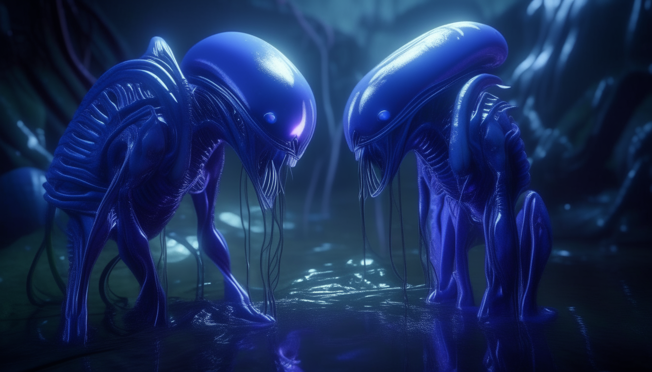 Two blue alien goddesses touching glowing purple alien pods with silver metallic tentacles emerging from shiny liquid swamp waters. H.R. Giger style details. Cinematic lighting.