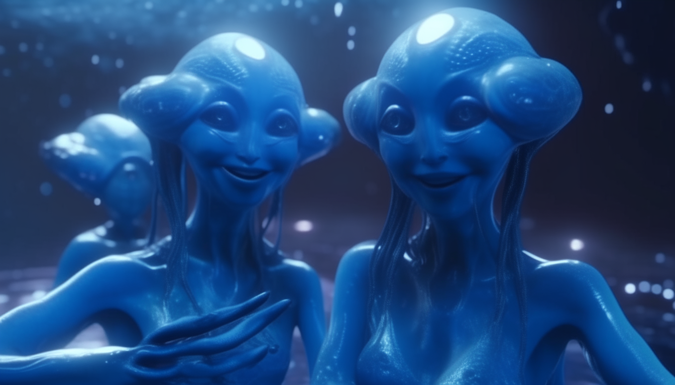 Two smiling blue alien goddesses with glowing eyes and long flowing hair touching glowing blue alien pods with intricate metallic details emerging from shiny silver liquid swamp water. Detailed, cinematic, 4k resolution