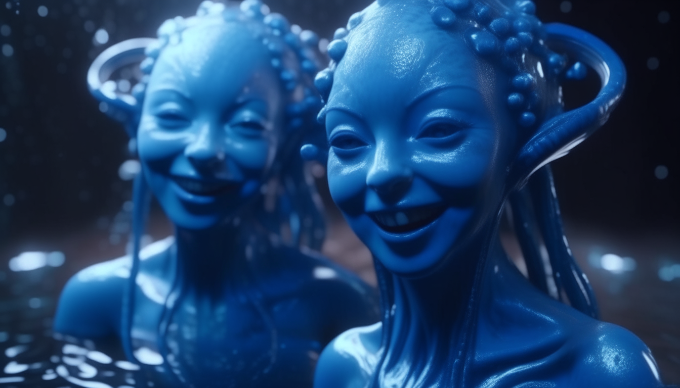 Extremely detailed, photorealistic image of two smiling blue alien goddesses with glowing eyes and long flowing hair touching glowing blue alien pods with intricate metallic details emerging from shiny silver liquid swamp water, cinematic lighting in 4k resolution