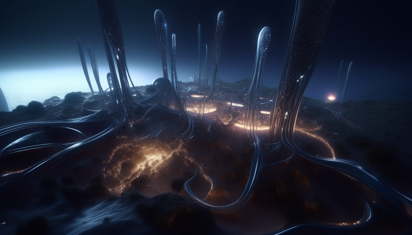 Aerial view of an alien planet surface with tall towering structures made of intricate chrome metal tentacles whipping around and catching glowing orbs. Strange alien pods extend from the shiny ground into a starry night sky. Very detailed, cinematic lighting.