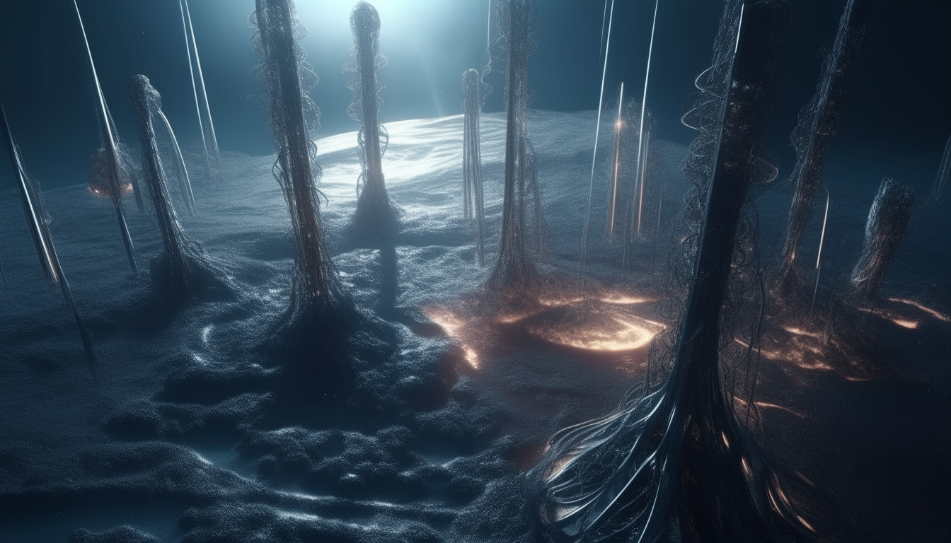 Aerial view of an alien planet surface with tall towering structures made of intricate chrome metal tentacles whipping around. Glowing liquid bursts through the air. Cinematic lighting.