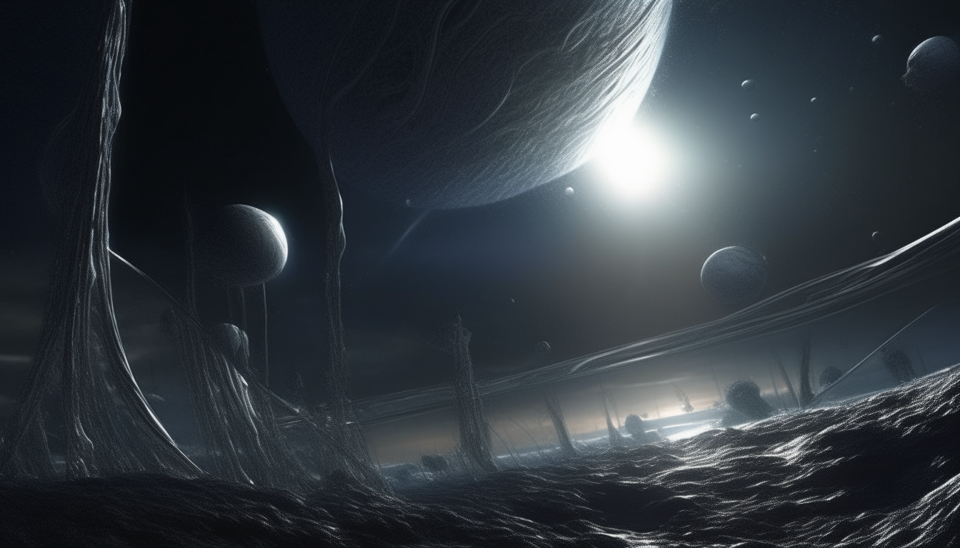 a strange new alien world with living bio pods morphing with the silver chrome veins of the cellular planets surface, cosmic galactic comets streak past in the surrounding sky, photorealistic dark sci-fi fantasy style, 16:9 aspect ratio, highest level of cinematic details