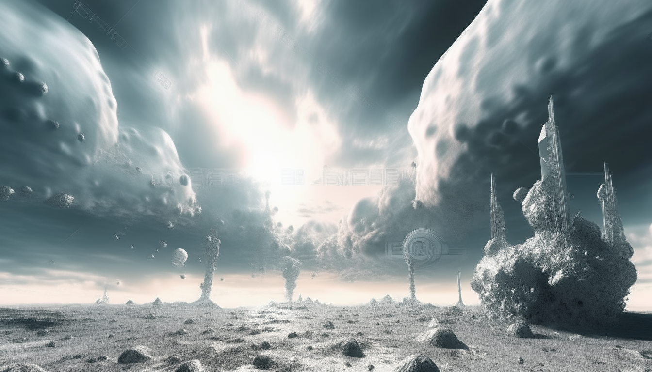 surface of a strange alien world with both simple and complex silver lifeforms emerging from beneath, with cosmic clouds in the sky above, photorealistic style