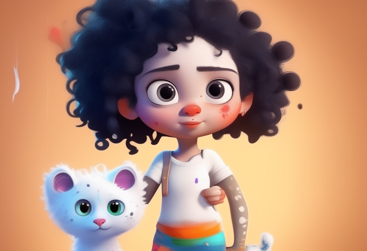 Create an image of a curly white Pixar girl with black hair with a kitten with colored paint stains