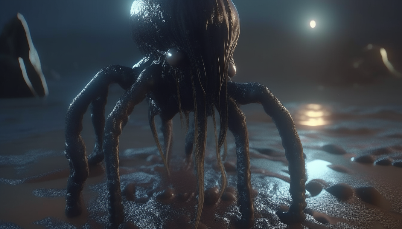 photorealistic image of strange alien bio lifeforms with reflective liquids rising up on thin legs with tentacles feeling the alien ground, 16:9 aspect ratio, 4k resolution, highest level of cinematic detail, dark sci-fi fantasy style