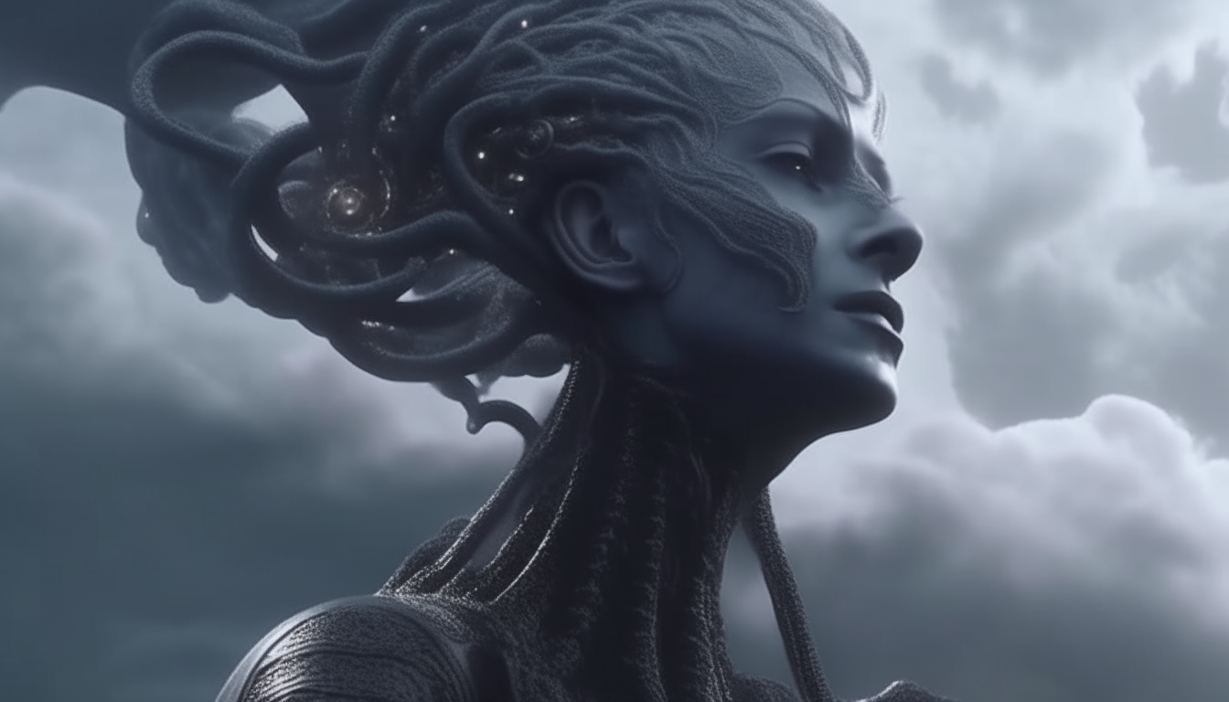 a strange alien landscape made from living biological matter with silver chrome tentacles weaving and squirming, an alien goddess face in the cosmic cloudy sky looks down, photorealistic 4k quality dark sci-fi fantasy style, 16:9 aspect ratio