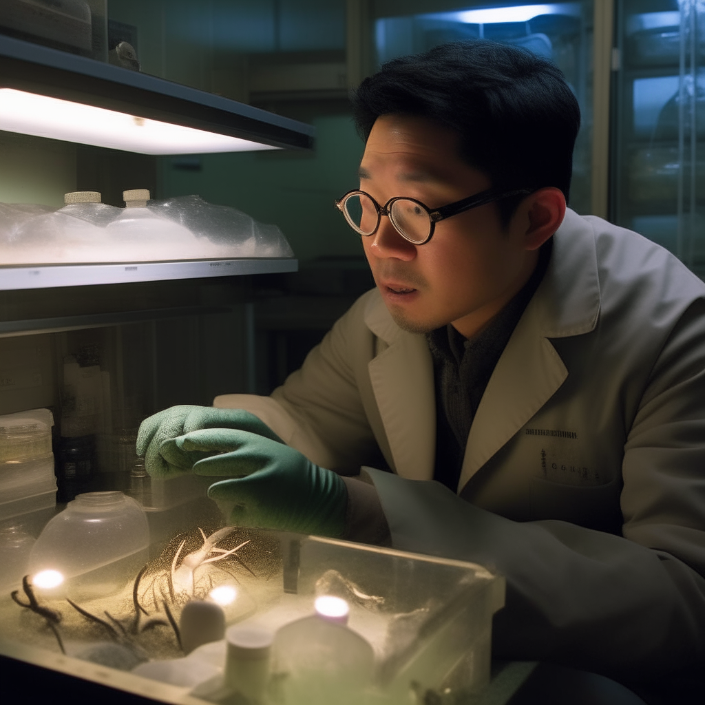 Dr. Kim tries to contain the escaping specimens as alarms blare