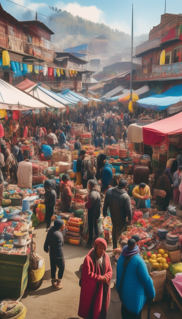 A busy marketplace in Nepal filled with colorful stalls, produce, fabrics and people of various ethnicities bargaining and socializing in several languages.