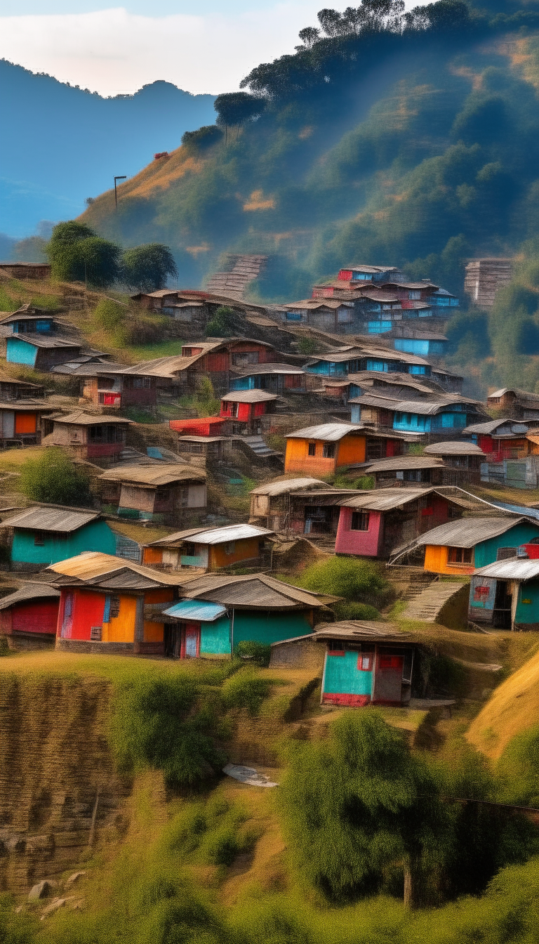 A hilly landscape reveals the colorful rooftops and intricate designs of homes belonging to dozens of ethnic groups, nestled into the terrain of rural Nepal.