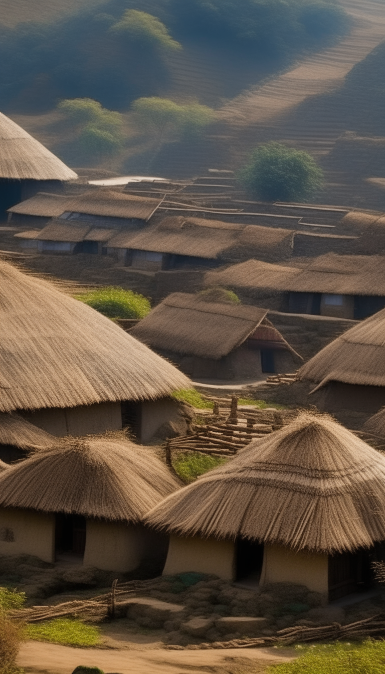 Thatched roofs of conical houses sit beside tile-topped buildings and multi-level homes in a remote Himalayan village, where each structure's details represent the inhabitants' unique heritage.