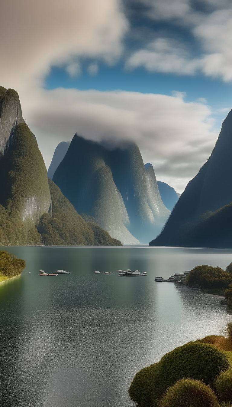 A scenic view of Milford Sound, with its famous fjord and rainforest