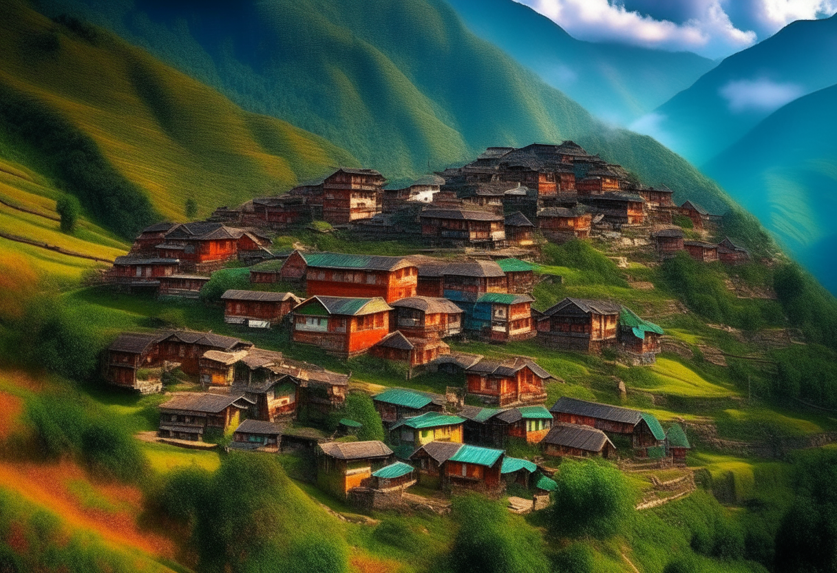 A breathtaking landscape in Nepal, showcasing over 80 distinct styles of traditional homes nestled into the hillsides. Tiny villages dot the lush green valleys below towering peaks. The intricate designs and vibrant colors of each home reflect the rich cultural heritage of the many ethnic groups living in harmony in this diverse nation.