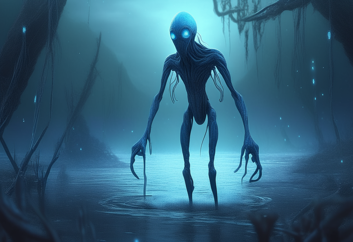 A tall blue alien with long arms outstretched, standing in a strange swamp with alien pods and cosmic dust, very intricate cinematic detail, dark sci-fi fantasy style