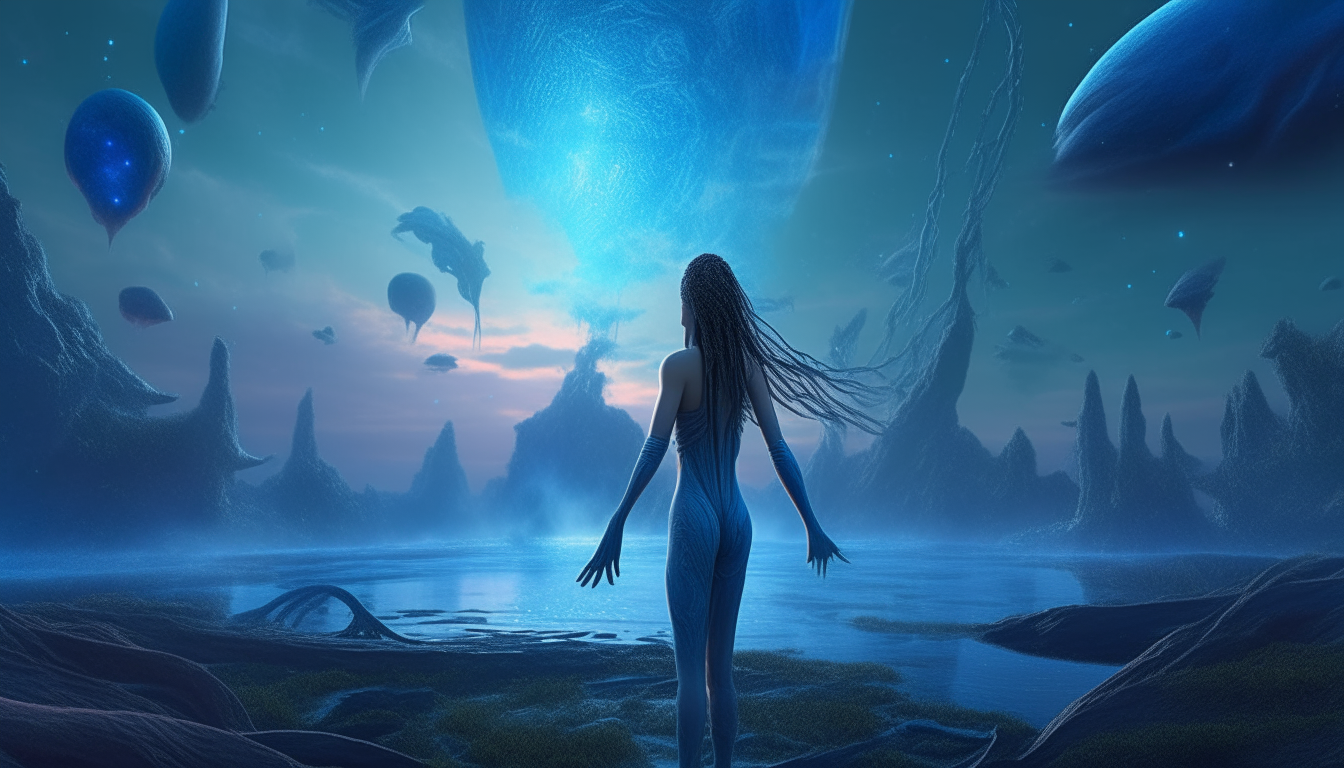 a tall blue alien goddess with long flowing hair, arms outstretched, looking across a strange alien swamp landscape with living alien pods and cosmic space dust clouds swirling, intricate cinematic sci-fi fantasy style, 16.9 aspect ratio