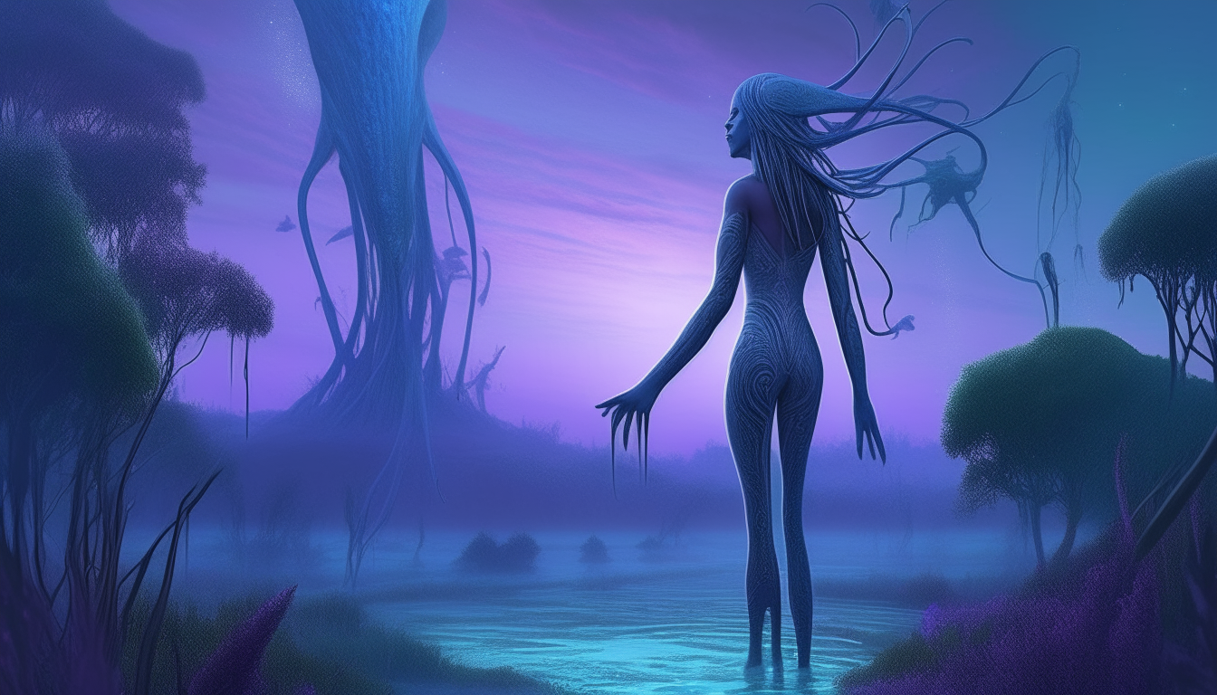 a very tall, slender blue alien goddess with intricate markings and long flowing hair, arms stretched upwards, looking across a vast, strange swamp landscape filled with alien pods, tendrils and cosmic dust under a purple sky, highly detailed cinematic fantasy artwork