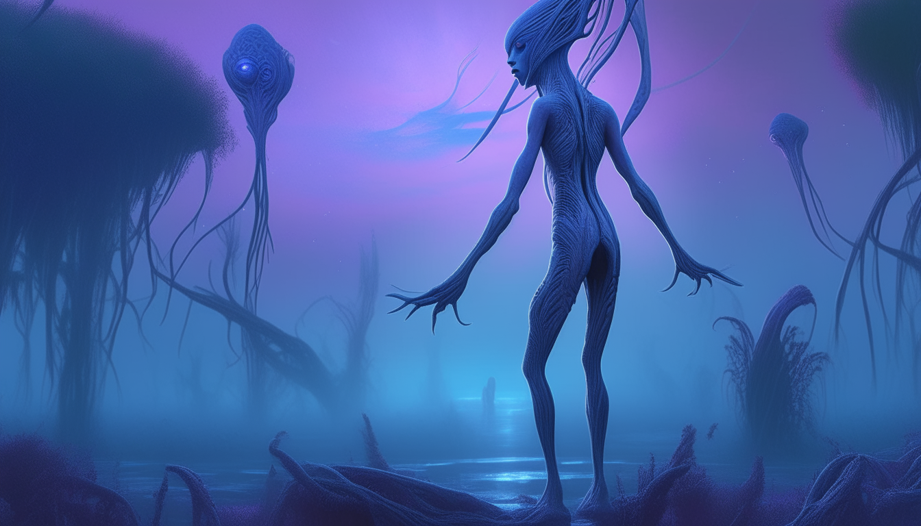 a towering slender blue alien goddess with intricate markings, arms stretched to the alien sky, standing in a vast swamp filled with alien pods, tendrils, dust under a purple sky, highly detailed, cinematic sci-fi fantasy artwork