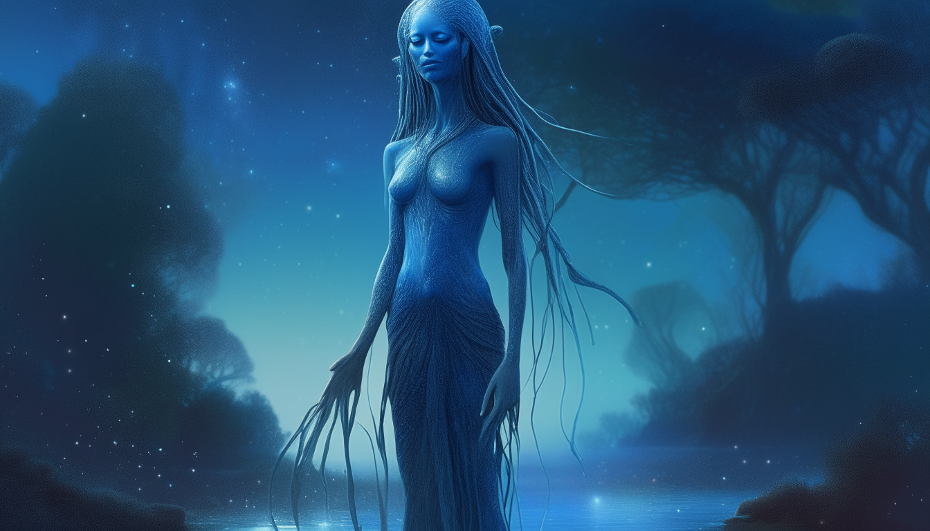 a very tall, slender blue alien goddess with long flowing hair, intricate markings and eyes to the skies, standing in a vast alien swamp filled with cosmic dust, alien pods collecting falling stars, highly detailed cinematic digital painting