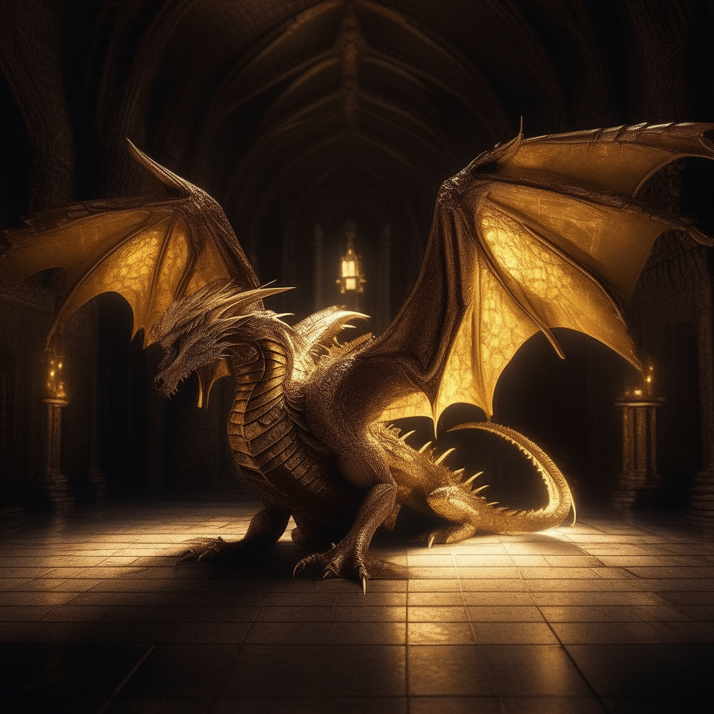 A golden dragon with spread wings laying on the floor of a gothic castle interior at night, dramatic lighting, highly detailed digital art