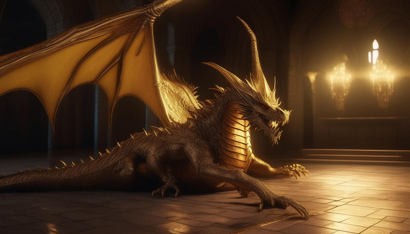 A large golden dragon with spread wings laying on the floor of a gothic castle interior at night, cinematic lighting, highly detailed digital art, 16:9 aspect ratio