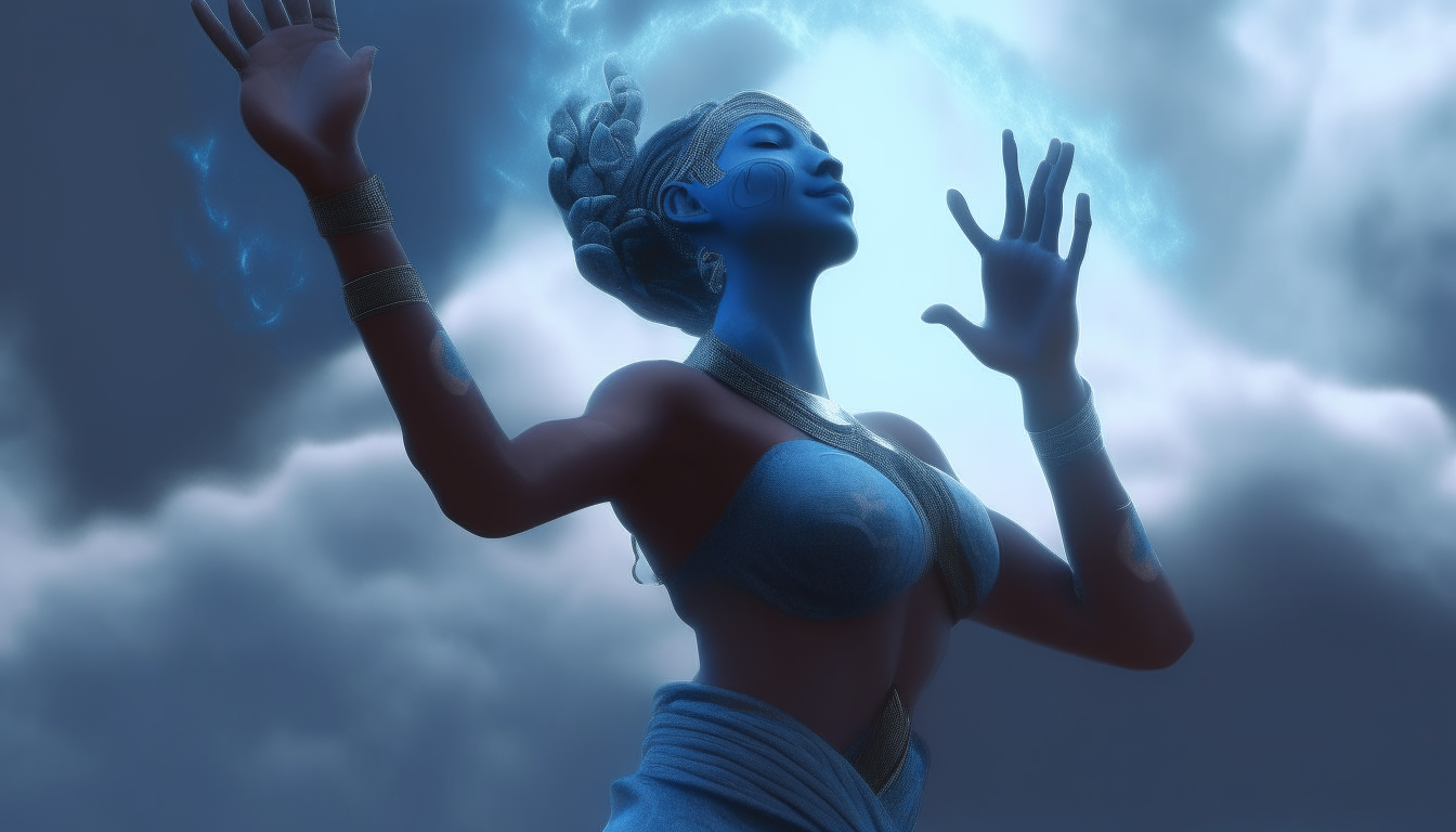 A blue arcturian goddess with her arms reaching towards the sky, with cosmic clouds above. Extremely detailed, photorealistic, cinematic, 4K quality image with a 16:9 aspect ratio in a dark sci-fi fantasy style