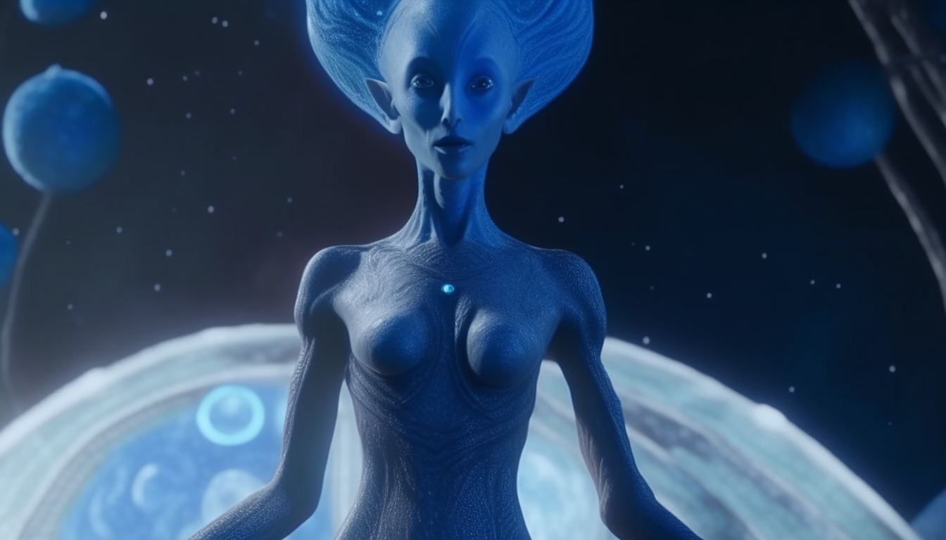 A tall, blue alien goddess hovering over a planet, with an elongated head, large eyes, and intricate cosmic tattoos, arms outstretched towards the stars and galaxies in space, extremely detailed 4K cinematic rendering