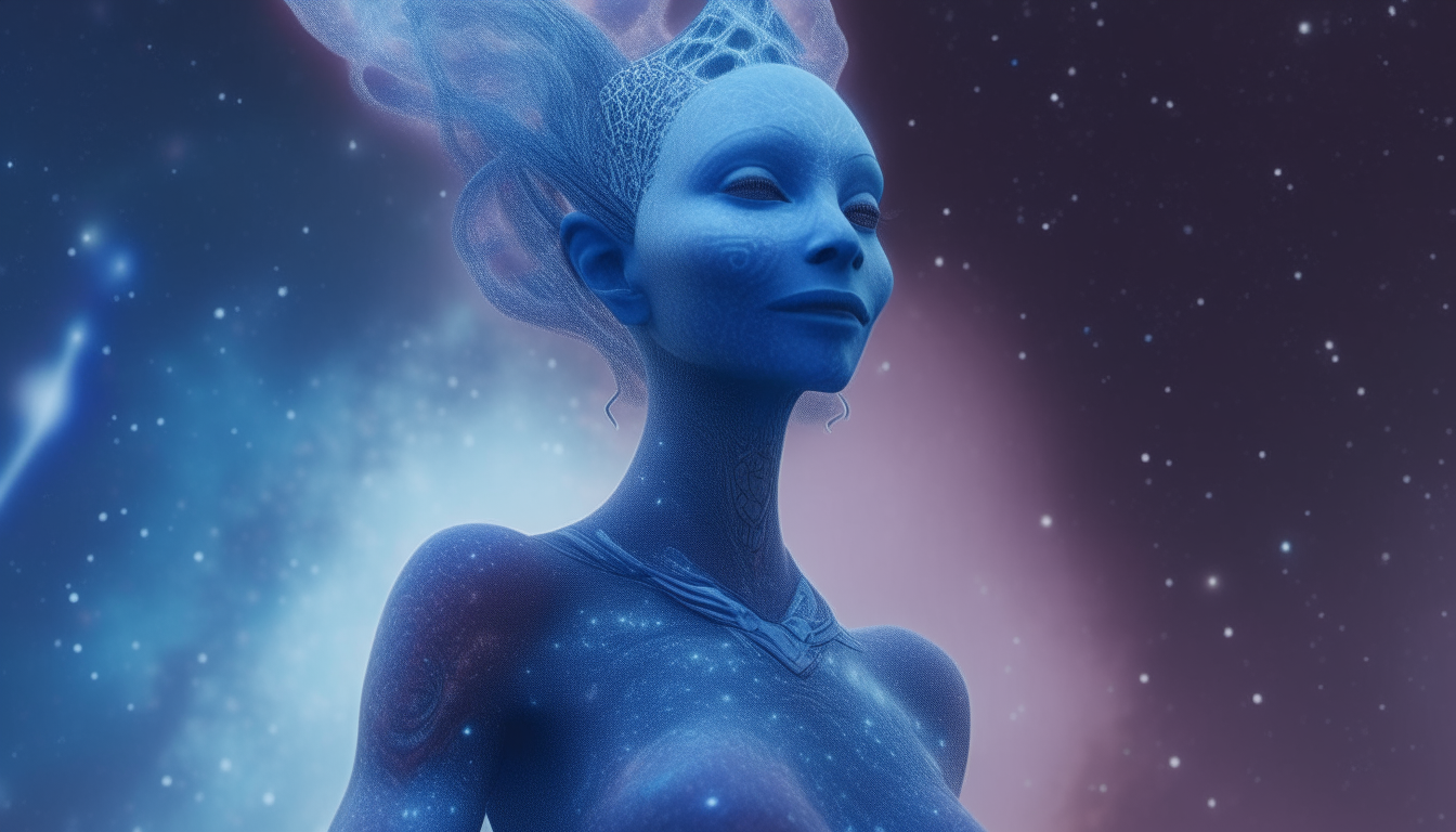 A tall, blue alien goddess with cosmic tattoos hovering in front of a swirling galaxy and nebulae, extremely detailed 4K image