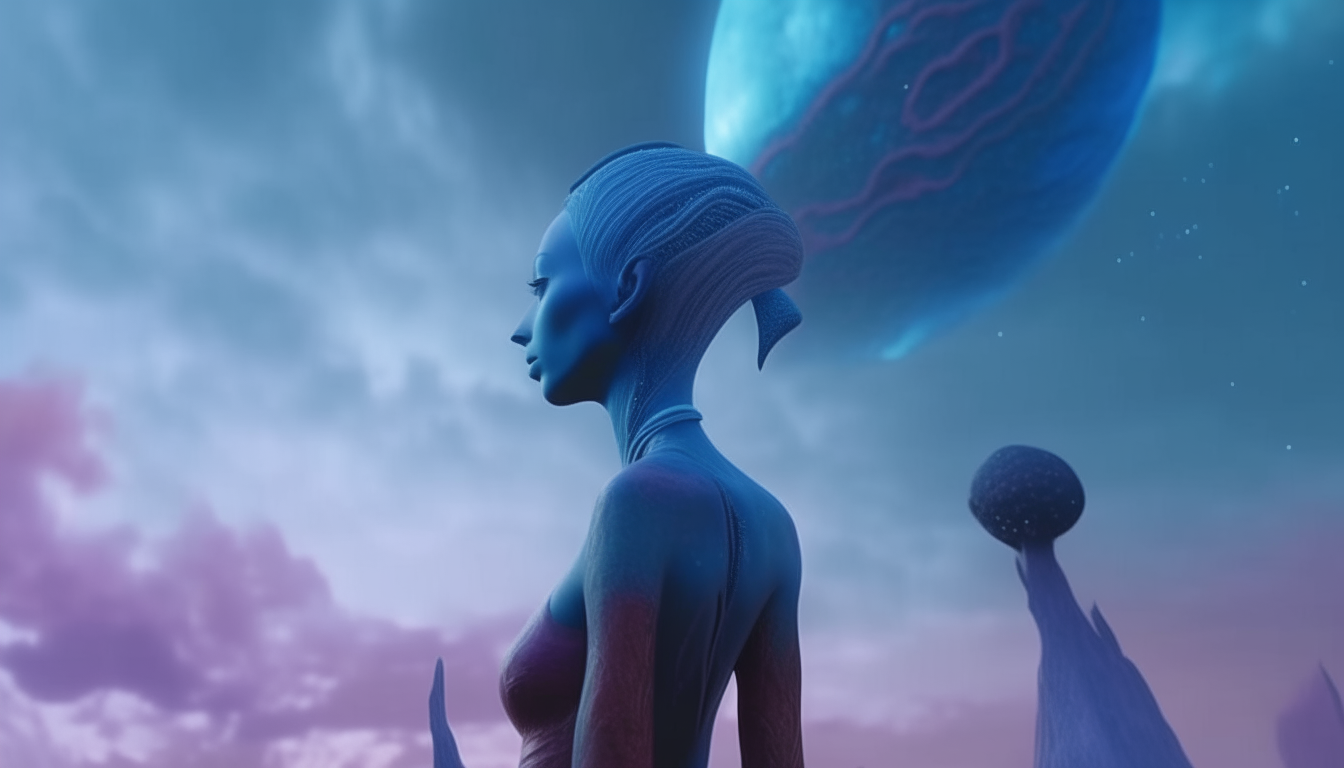 A tall, blue alien goddess gazing at a strange, colorful alien world, with cosmic clouds and galaxies swirling dramatically around her. Extremely detailed, cinematic 4K rendering.