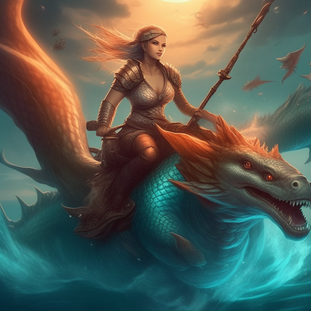 create an image of a woman warrior riding on fantasy fish fused with dragon in the ocean deep