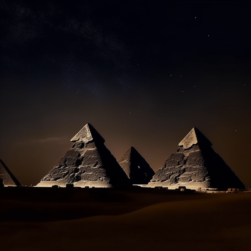 a silhouette of the three great pyramids of Giza against a night sky Treasures of History