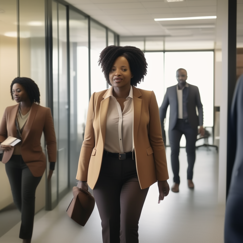 african american woman age 30 walking into a office room with 3 employees working
