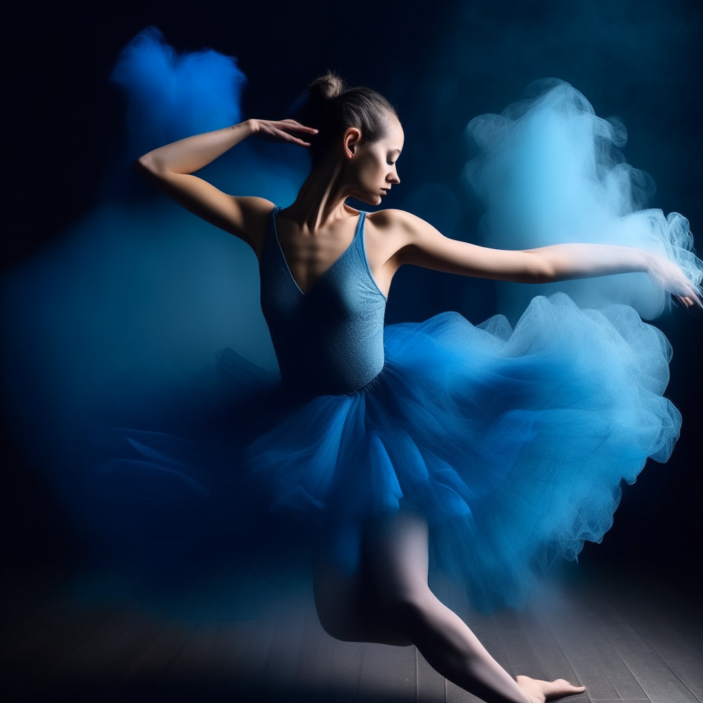 Una bailarina bailando en un remolino de humo azul
