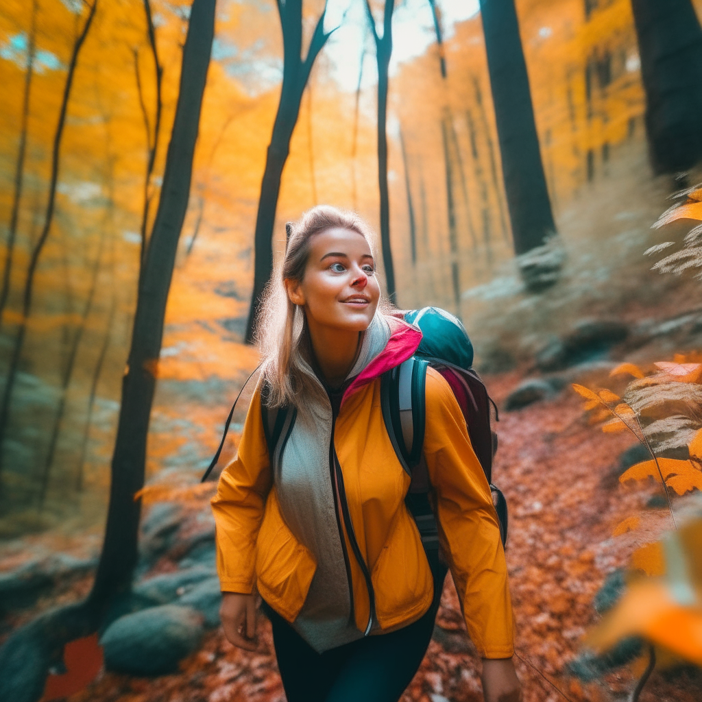 a young woman hiking through a colorful forest enjoying nature Find activities you enjoy