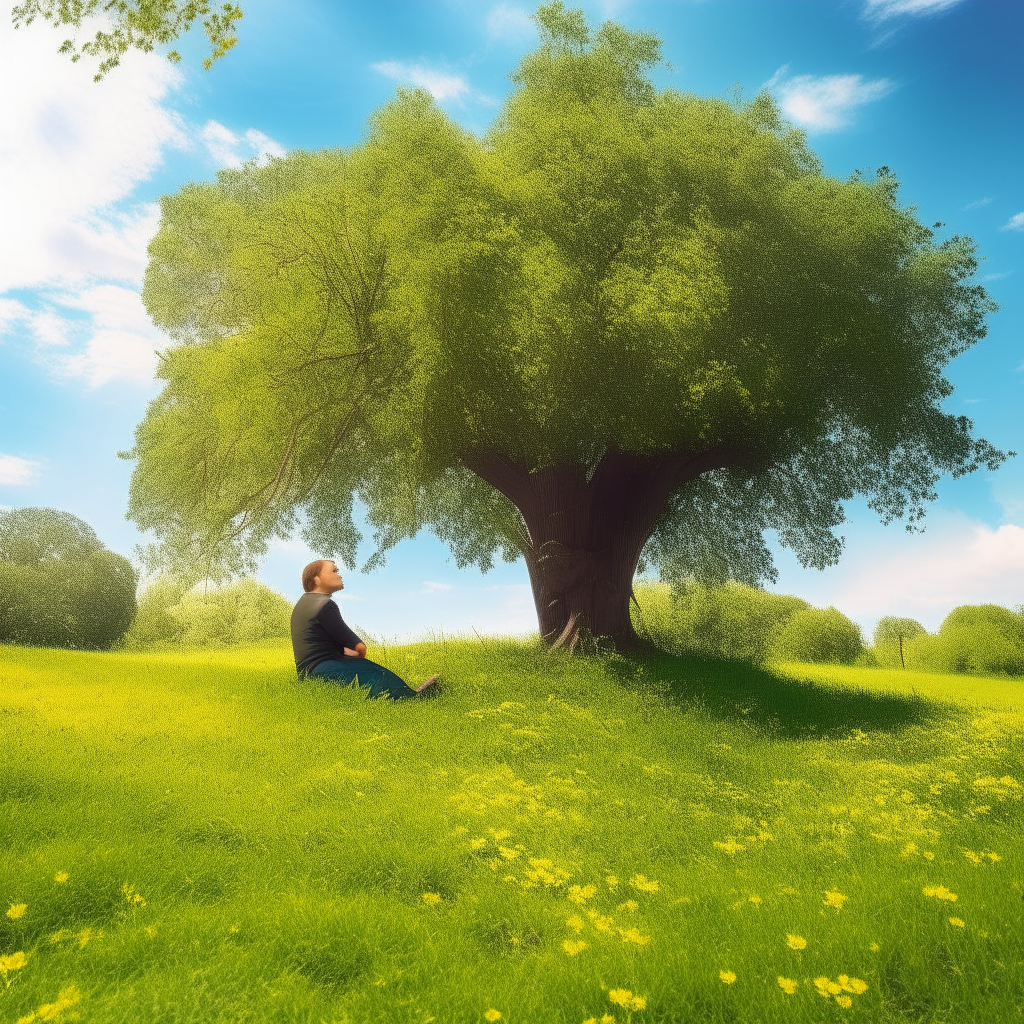 a person sitting under a tree surrounded by green grass and colorful wildflowers on a sunny day