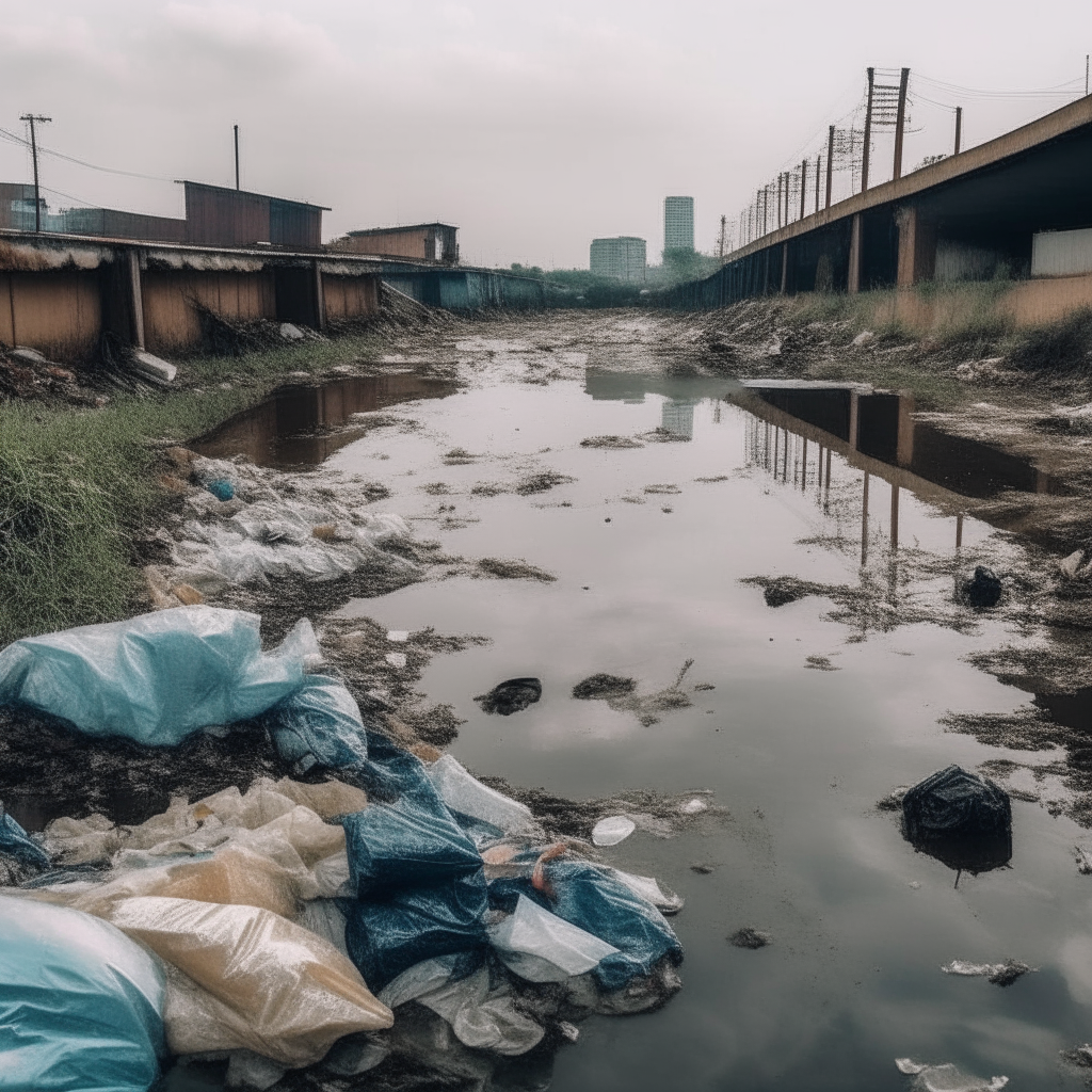 a polluted river flowing past a clothing factory, with plastic waste in the water