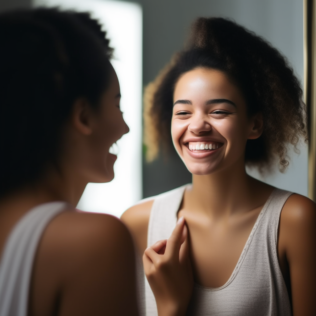 a young woman smiling confidently while looking in a mirror
